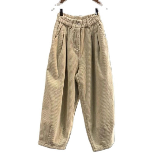 復古燈芯絨濶腿褲女冬季加絨加厚松緊腰大碼媽媽休閒保暖條絨長褲