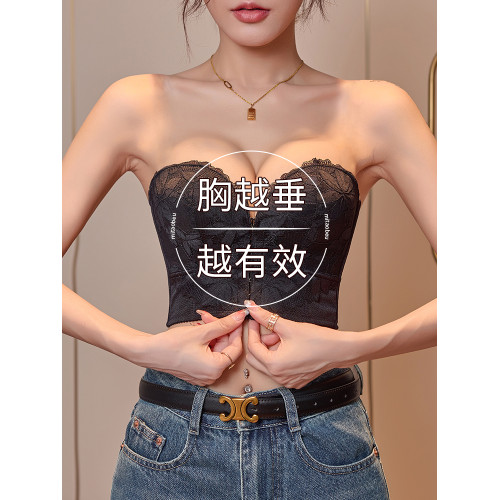 大胸無肩帶內衣女防下垂聚攏前釦文胸防滑上托隱形薄款裹胸罩不掉