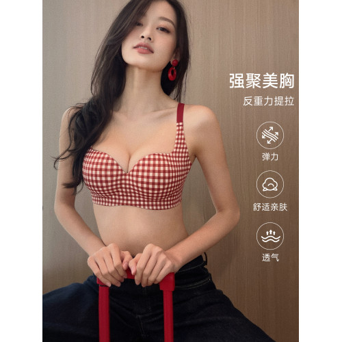紅色內衣女小胸聚攏無鋼圈結婚新娘本命年套裝復古港風格子文胸罩 紅色內衣女小胸聚攏無鋼圈結婚新娘本命年套裝復古港風格子文胸罩