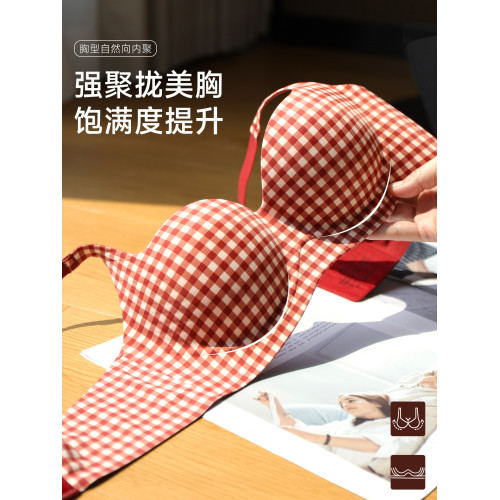 紅色內衣女小胸聚攏無鋼圈結婚新娘本命年套裝復古港風格子文胸罩 紅色內衣女小胸聚攏無鋼圈結婚新娘本命年套裝復古港風格子文胸罩