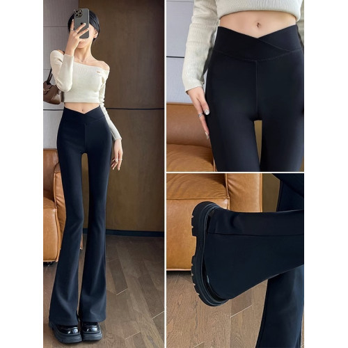 黑色高腰喇叭褲女冬高個子彈力修身加絨加厚馬蹄褲加長拖地微喇褲