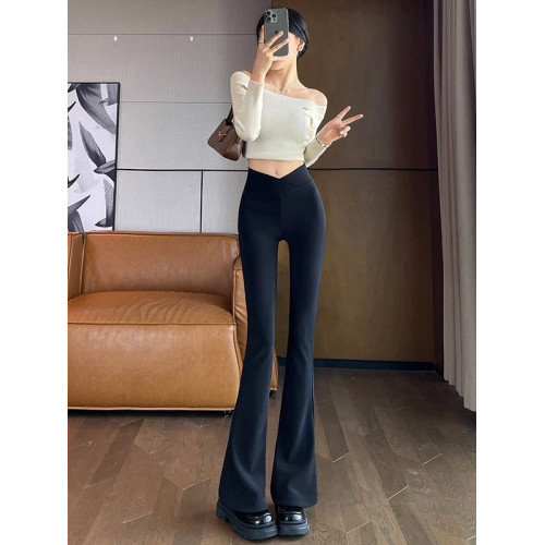 黑色高腰喇叭褲女冬高個子彈力修身加絨加厚馬蹄褲加長拖地微喇褲