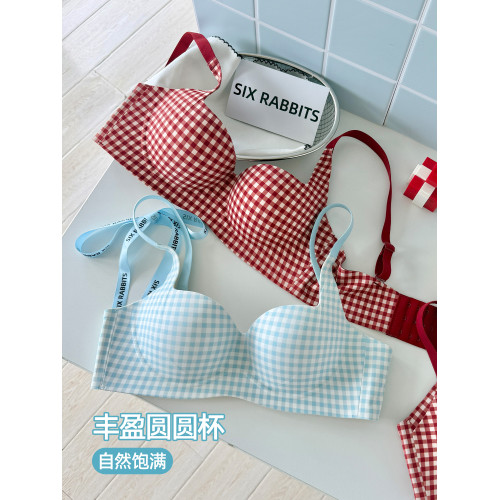 六隻兔子抑菌內衣女小胸聚攏升杯文胸無鋼圈收副乳防下垂格子胸罩
