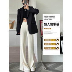 大碼300斤胖mm雪尼爾濶腿褲子女春夏開叉微喇叭褲高腰顯瘦休閒褲2