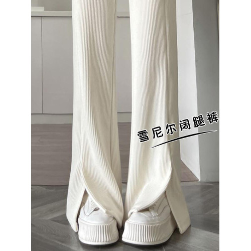 大碼300斤胖mm雪尼爾濶腿褲子女春夏開叉微喇叭褲高腰顯瘦休閒褲2