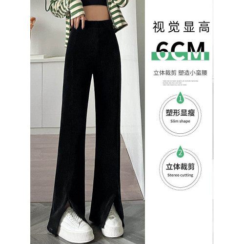 大碼300斤胖mm雪尼爾濶腿褲子女春夏開叉微喇叭褲高腰顯瘦休閒褲2