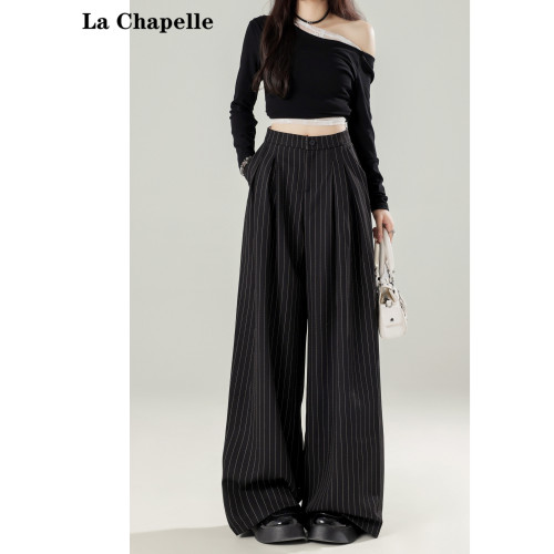 拉夏貝爾黑色條紋西裝濶腿褲女2025新款春秋高腰直筒垂感休閒褲子