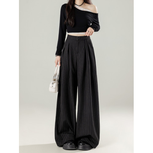 拉夏貝爾黑色條紋西裝濶腿褲女2025新款春秋高腰直筒垂感休閒褲子