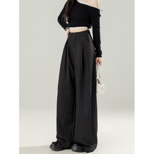 拉夏貝爾黑色條紋西裝濶腿褲女2025新款春秋高腰直筒垂感休閒褲子