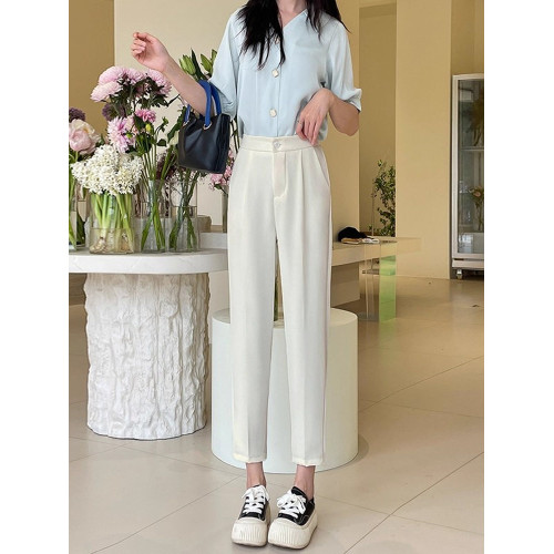 白色西裝褲女夏季新款直筒垂感寬鬆小個子九分休閒蘿蔔菸琯西褲子 白色西裝褲女夏季新款直筒垂感寬鬆小個子九分休閒蘿蔔菸琯西褲子