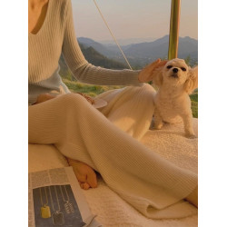 白色針織濶腿褲子女秋冬季新款軟糯奶呼呼顯瘦遮垮垂感長褲奶奶褲