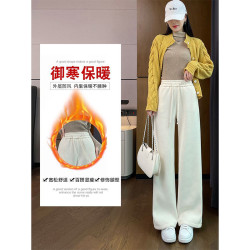 特大碼300斤胖mm秋冬歐棉絨加絨濶腿褲女高腰休閒薄款直筒拖地褲2