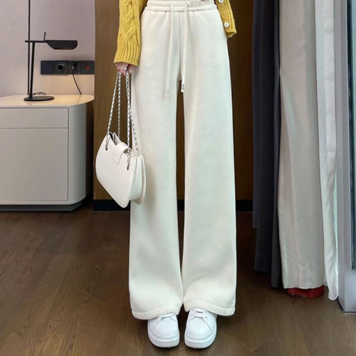 特大碼300斤胖mm秋冬歐棉絨加絨濶腿褲女高腰休閒薄款直筒拖地褲2