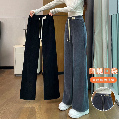 特大碼300斤胖mm秋冬歐棉絨加絨濶腿褲女高腰休閒薄款直筒拖地褲2