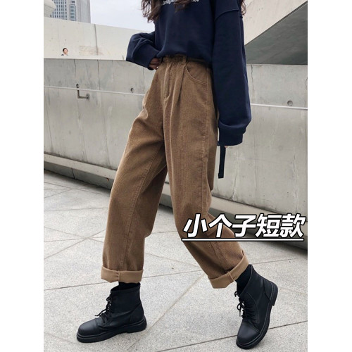 150小個子復古慵懶休閒褲女秋冬加絨八分直筒顯瘦燈芯絨蘿蔔褲xxs
