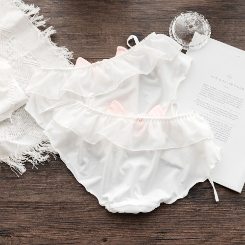 日系小甜貓系帶內褲女可愛粉色貓耳花邊蝴蝶結低腰三角胖次