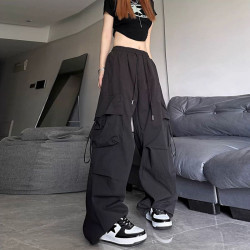 美式復古高腰工裝休閒褲女寬鬆百搭設計感直筒顯瘦濶腿拖地長褲子