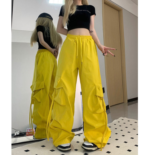 美式復古高腰工裝休閒褲女寬鬆百搭設計感直筒顯瘦濶腿拖地長褲子