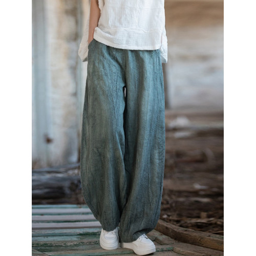 苧麻紥染復古長褲子春秋新款棉麻女裝文藝百搭燈籠褲洋氣直筒褲女