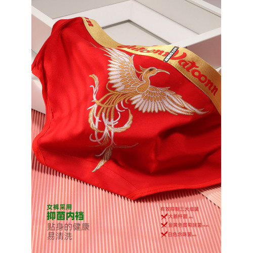 新年鴻運鳳凰女生內褲純棉刺綉風格潮印花中腰收腹寬腰帶抑菌底襠