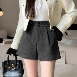 小個子氣質毛呢短褲女高腰寬鬆顯瘦a字靴褲外穿呢子濶腿打底褲子