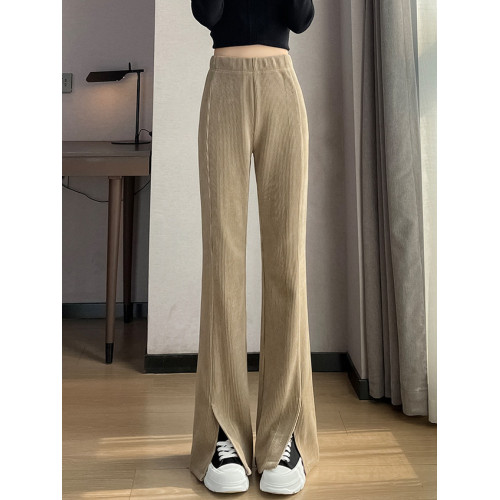 美拉德燈芯絨開叉微喇褲咖色歐棉絨拖地褲秋冬加絨雪尼爾喇叭褲女