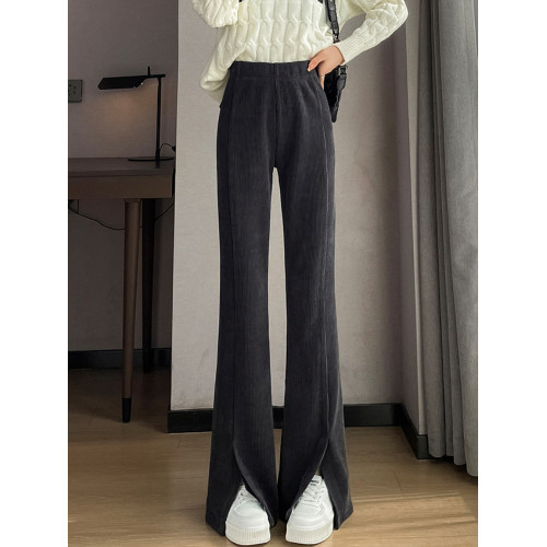 美拉德燈芯絨開叉微喇褲咖色歐棉絨拖地褲秋冬加絨雪尼爾喇叭褲女