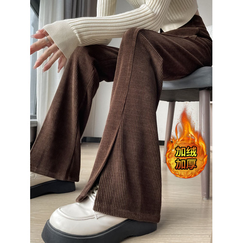 美拉德燈芯絨開叉微喇褲咖色歐棉絨拖地褲秋冬加絨雪尼爾喇叭褲女