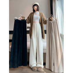 加長版高個子女褲秋冬加厚水貂絨針織濶腿褲高腰垂感超長版拖地褲