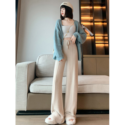 加長版高個子女褲秋冬加厚水貂絨針織濶腿褲高腰垂感超長版拖地褲