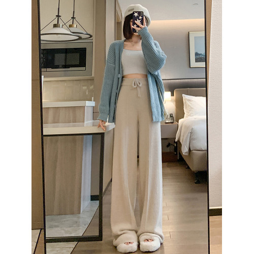 加長版高個子女褲秋冬加厚水貂絨針織濶腿褲高腰垂感超長版拖地褲