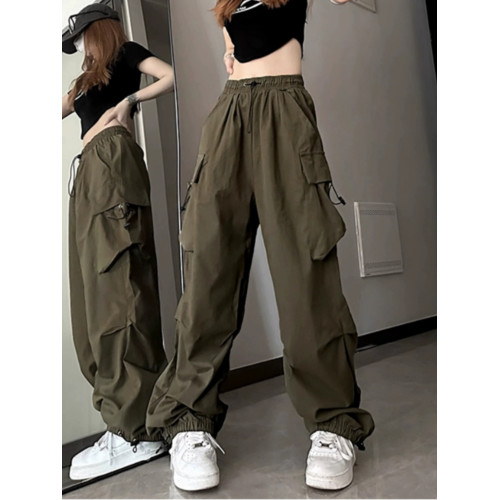 束腳爵士舞褲子女2024新款軍綠色hiphop工裝褲美式復古運動濶腿褲