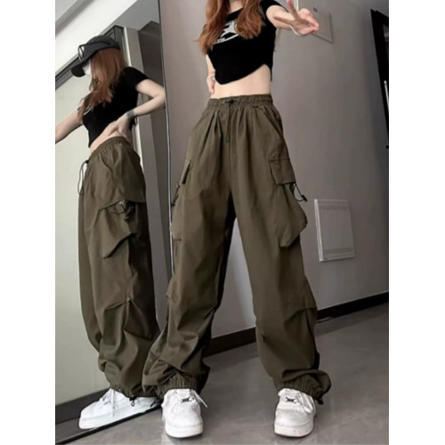 束腳爵士舞褲子女2024新款軍綠色hiphop工裝褲美式復古運動濶腿褲