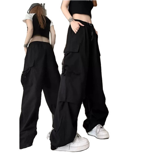 束腳爵士舞褲子女2024新款軍綠色hiphop工裝褲美式復古運動濶腿褲