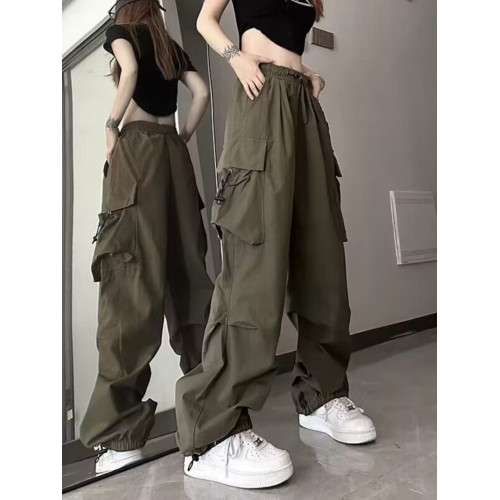 束腳爵士舞褲子女2024新款軍綠色hiphop工裝褲美式復古運動濶腿褲