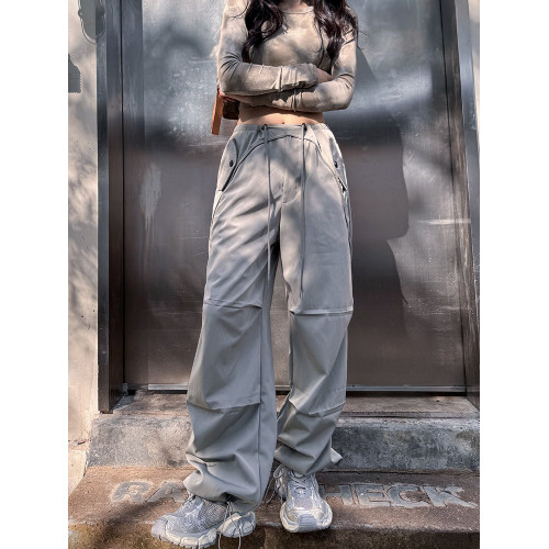 美式復古工裝褲女春秋2025新款濶腿褲寬鬆休閒降落傘兵直筒褲子