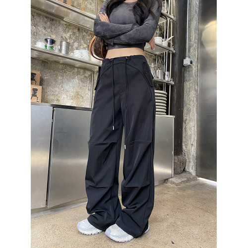 美式復古工裝褲女春秋2025新款濶腿褲寬鬆休閒降落傘兵直筒褲子