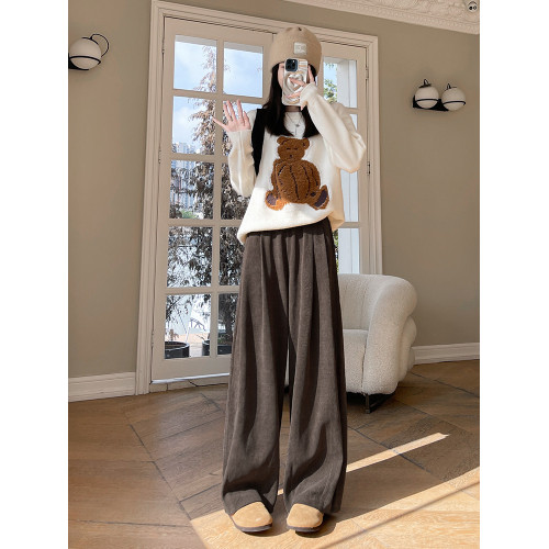 小個子山本褲女2025新款秋冬季加絨濶腿褲寬鬆直筒黑色燈芯絨褲子