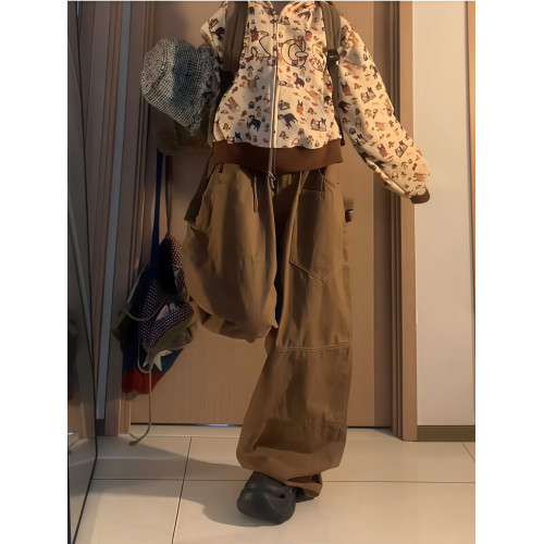 美式復古棕色褲子女加厚秋冬新款寬鬆美拉德爵士舞濶腿工裝燈籠褲