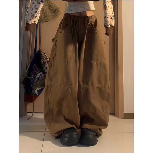 美式復古棕色褲子女加厚秋冬新款寬鬆美拉德爵士舞濶腿工裝燈籠褲