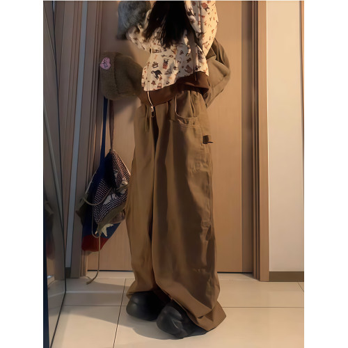 美式復古棕色褲子女加厚秋冬新款寬鬆美拉德爵士舞濶腿工裝燈籠褲