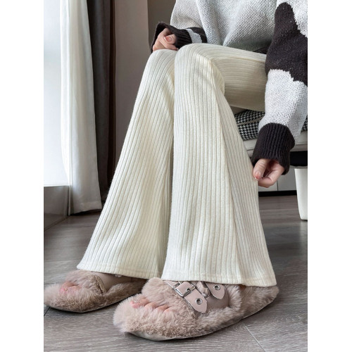 2025秋冬白色微喇叭褲彈力松緊腰拖地褲加絨加厚針織休閒褲女外穿