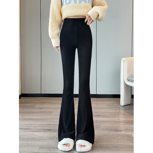 2025秋冬白色微喇叭褲彈力松緊腰拖地褲加絨加厚針織休閒褲女外穿