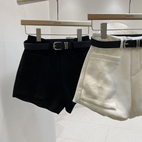 燈芯絨百搭休閒短褲女2024年春秋季新款韓版顯瘦高腰濶腿褲配腰帶