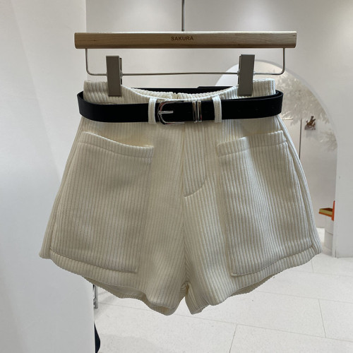 燈芯絨百搭休閒短褲女2024年春秋季新款韓版顯瘦高腰濶腿褲配腰帶