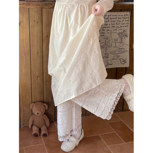 旗袍襯褲蕾絲花邊白色濶腿褲子女秋冬季漢服內搭打底休閒直筒長褲