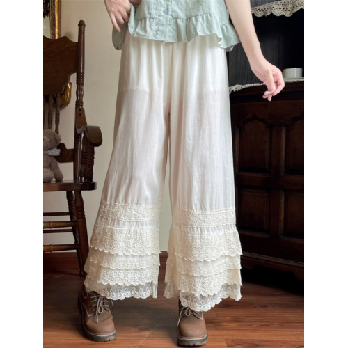 旗袍襯褲蕾絲花邊白色濶腿褲子女秋冬季漢服內搭打底休閒直筒長褲