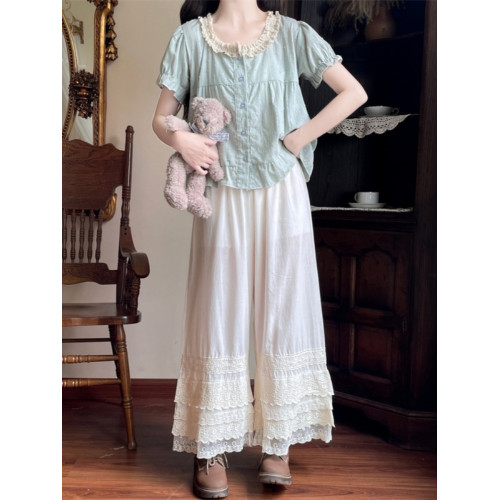 旗袍襯褲蕾絲花邊白色濶腿褲子女秋冬季漢服內搭打底休閒直筒長褲