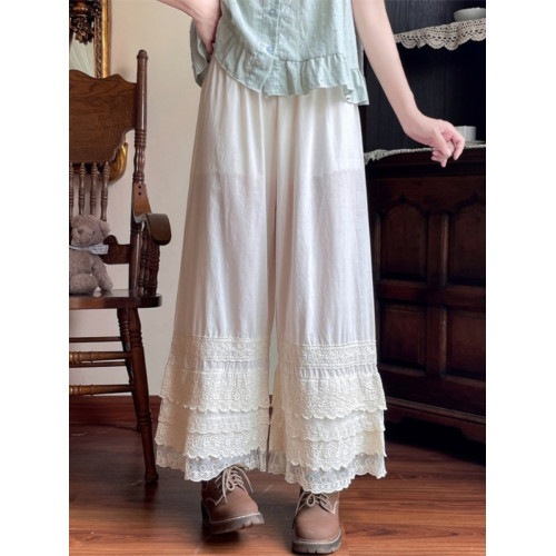旗袍襯褲蕾絲花邊白色濶腿褲子女秋冬季漢服內搭打底休閒直筒長褲