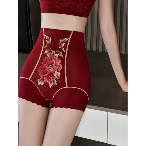胖MM大碼本命年紅色內褲女透氣刺綉收腹提臀收小肚無痕短褲平角褲
